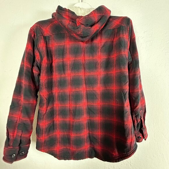 Boston Trader Womens Sherpa Lined Hooded Flannel Black Red Plaid Jacket Medium - Picture 2 of 12